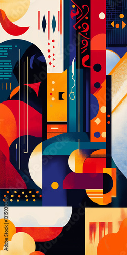 Vibrant vector art blends abstract color, city silhouette, and square design