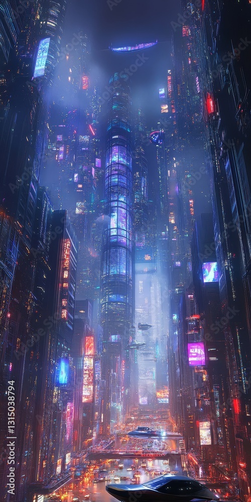 Explore a captivating futuristic cityscape filled with neon lights, towering skyscrapers, and hovering vehicles. The vibrant atmosphere creates a stunning night scene. Explore a captivating futuristic cityscape filled with neon lights, towering skyscrapers, and hovering vehicles. The vibrant atmosphere creates a stunning night scene.