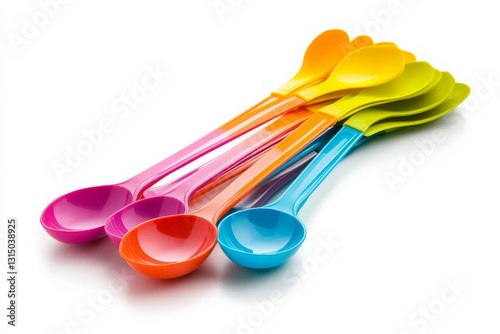 Colorful Plastic Spoons Arranged on White Background for Kitchenware Display