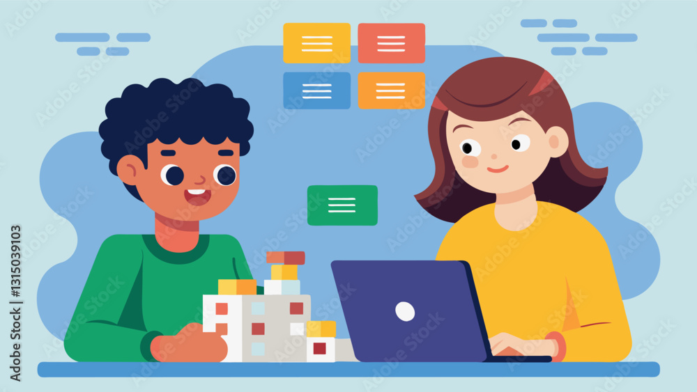 Two siblings work together to create a personalized chatbot by arranging blocks of code that dictate its responses.. Vector illustration Two siblings work together to create a personalized chatbot by arranging blocks of code that dictate its responses.. Vector illustration