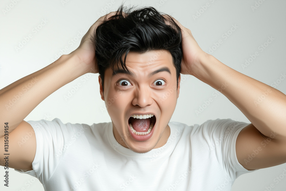 Faces contorted in a shared scream, the young woman and man's expressions a blend of shock and raw emotion Faces contorted in a shared scream, the young woman and man's expressions a blend of shock and raw emotion