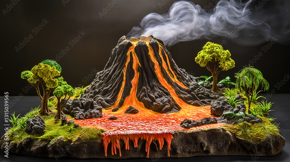 A vibrant handmade thermocol model of a volcano, complete with painted lava effects and textured foam for a realistic look. A vibrant handmade thermocol model of a volcano, complete with painted lava effects and textured foam for a realistic look.