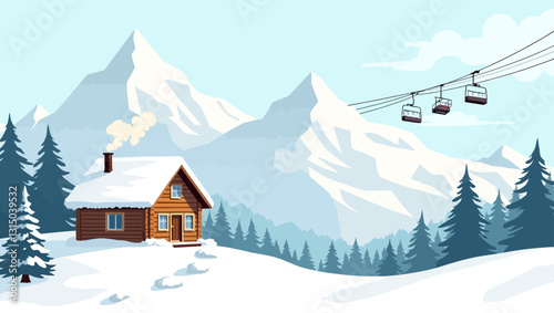 Cozy Cabin in Snowy Mountains: A charming wooden cabin nestled amidst snow-covered mountains, with a ski lift gracefully traversing the landscape, creating a picturesque winter scene. 
