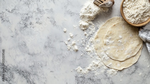 Homemade tortillas with flour, wooden scoop, and cloth on marble background food photography and cooking concept, top view of flatbread