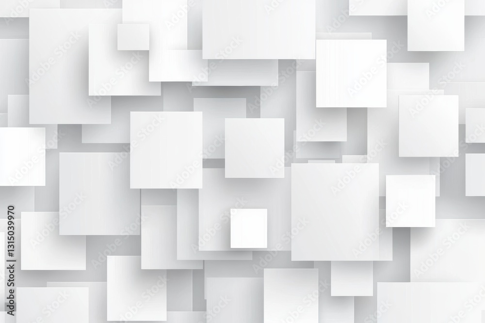 A visually striking pattern of overlapping white squares against a light background, creating depth and an abstract design.