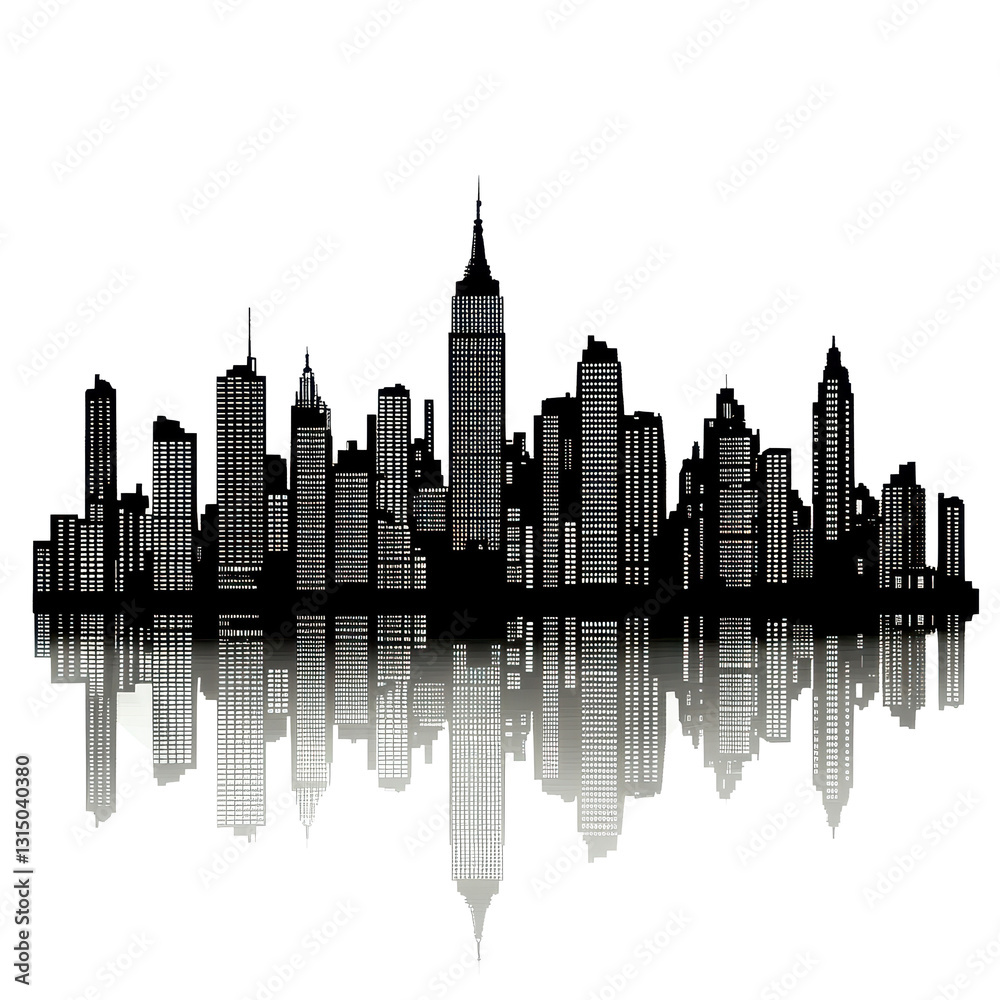 Fototapeta premium Silhouette of a city skyline featuring towering skyscrapers and reflections at dusk, skyline silhouette, skyscraper, view the city, cityscape, Transparent background
