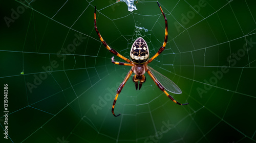 A large spider caught a fly in a web. Hunter and prey.