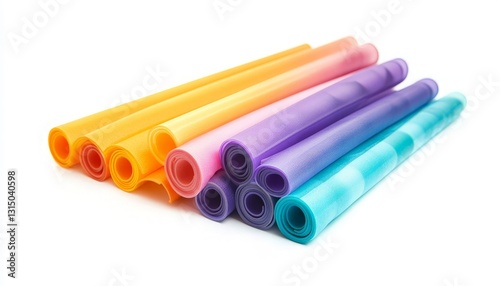 Colorful Rolled Papers Arranged in a Stack on a White Background, Showcasing a Vibrant Spectrum of Colors for Creative Projects, Crafts, and Artistic Inspiration. photo