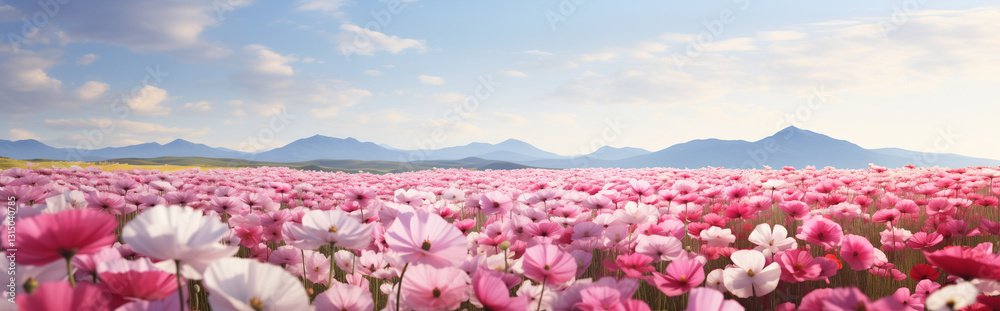 Panoramic of infinite pink, white, and magenta flowers with mountains in the background, a sunny day and blue sky. Panoramic of infinite pink, white, and magenta flowers with mountains in the background, a sunny day and blue sky.