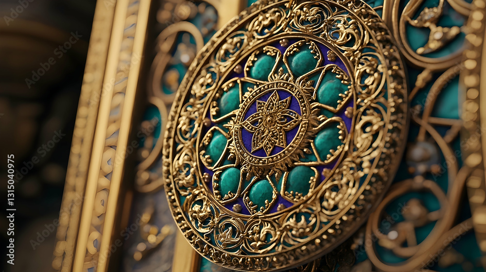 Obraz premium Intricate gold and turquoise medallion detail, ornate palace gate background, luxurious jewelry design