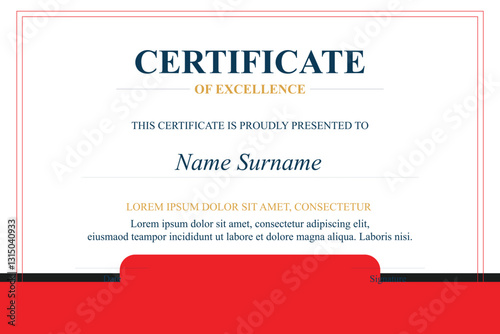 Red-bordered certificate of excellence; blank space for recipient's name and details; printable template