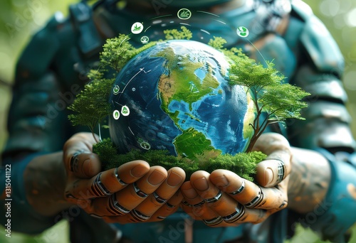 The planet is green in the hands of a robot