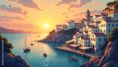 Sunset Coastal Village: A picturesque coastal village basks in the warm glow of the setting sun, nestled between towering cliffs and the serene sea, with boats. Capturing peace and tranquility