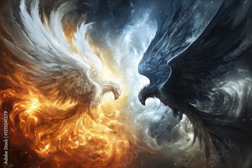 Opposing mythical birds, one engulfed in fire, the other in ice, face each other amidst swirling cosmic clouds.