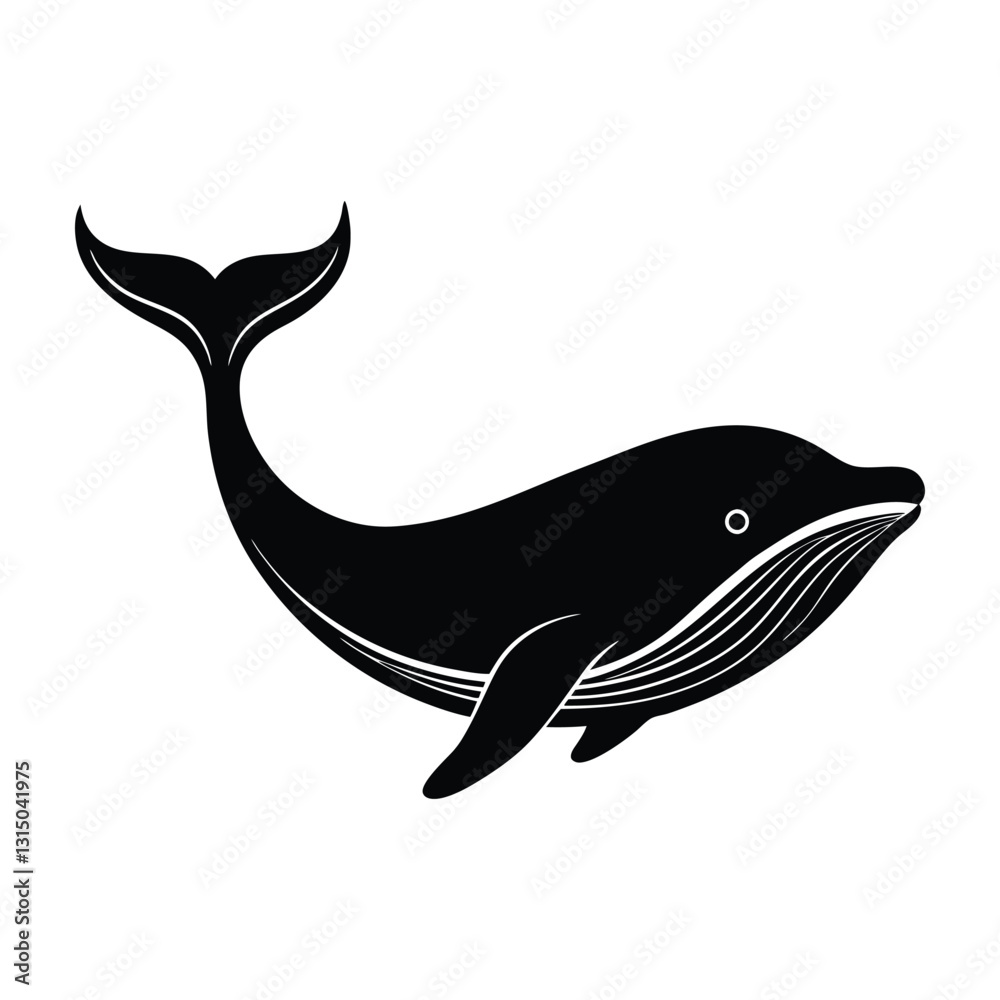 Obraz premium Blue Whale Silhouette Swimming With Large Curving Body On White Background