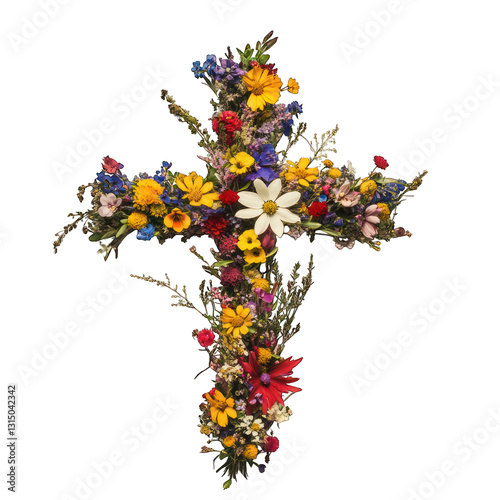 Floral cross, Christian symbol made of flowers, Colorful wildflowers arranged in cross shape, Easter decoration