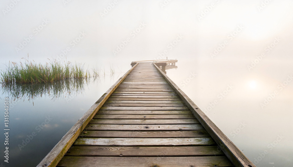 Naklejka premium Misty wooden dock outstretching into serene lake, peaceful solitude