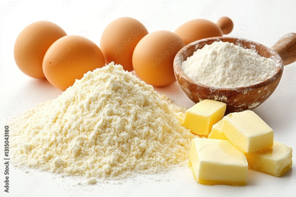 Baking Ingredients Flour Eggs and Butter Ready for Delicious Pastry Preparation in Bright Kitchen