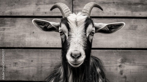 A cute farm goat pulls a fun expression. Close-up of a goat smirking with one ear flopped over, mountains in the distance