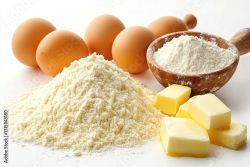 Obraz na płótnie Baking Ingredients Flour Eggs and Butter Ready for Delicious Pastry Preparation in Bright Kitchen w salonie