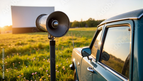 Vintage speaker at drive-in theater with classic car, nostalgic ambiance