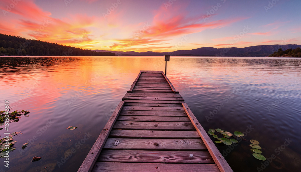 Naklejka premium Rustic wooden pier at sunset over tranquil lake, peaceful reflection