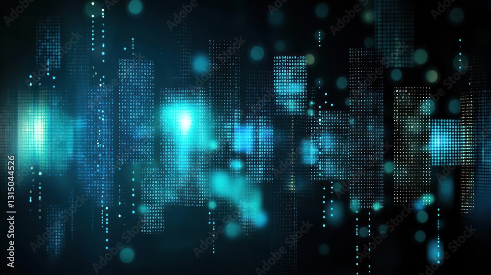 Abstract Digital Cityscape With Blue And Teal Pixelated Structures Under Dynamic Lighting Abstract Digital Cityscape With Blue And Teal Pixelated Structures Under Dynamic Lighting