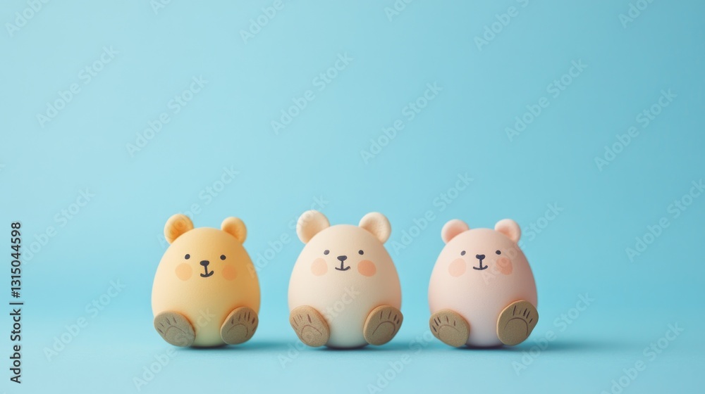 Cute bear-shaped toys on blue background with pastel colors and adorable faces. Easter, Pascha, Paskha, Ostern, Pascua, Paques - Orthodox and Catholic Holiday celebration Cute bear-shaped toys on blue background with pastel colors and adorable faces. Easter, Pascha, Paskha, Ostern, Pascua, Paques - Orthodox and Catholic Holiday celebration