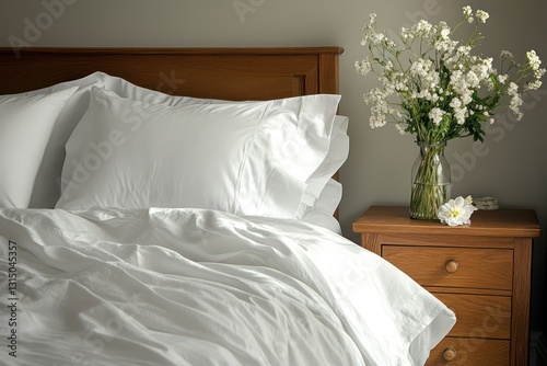 A guest bedroom with a neatly arranged bed, fresh white linens, and a vase of flowers on a wooden nightstand