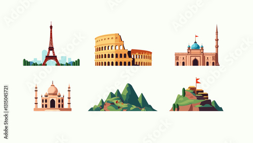 World Landmarks: A diverse set of iconic landmarks from around the globe are rendered in a colorful and vibrant style. Each landmark captures a unique architectural and cultural heritage.