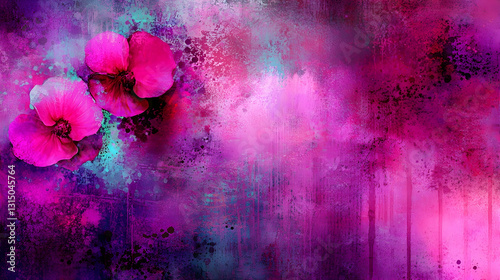 Pink orchids watercolor painting, vibrant purple background, abstract art, ideal for wall decor