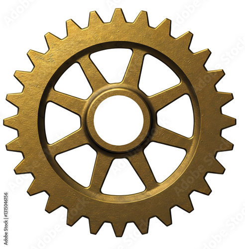 Antique Brass Gear with Symmetrical Spokes and Sharp Teeth