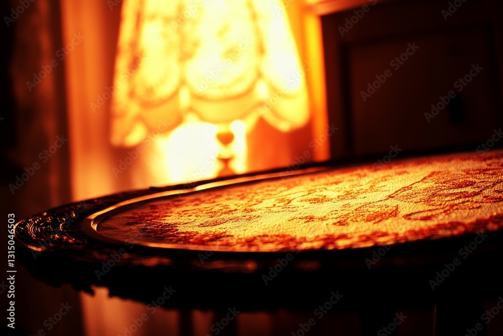 Obraz premium Warm Glow of Vintage Table with Lamp Illuminating Textiles