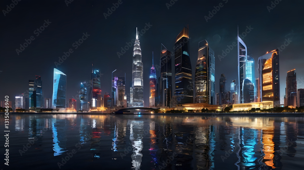 Fototapeta premium Cityscape at Night: A stunning panorama of a modern city skyline at night, with illuminated skyscrapers reflected in the calm waters, creating a breathtaking scene of urban sophistication.