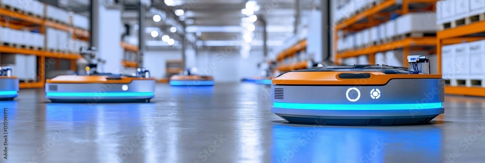 Circular, autonomous robots glide across a spacious warehouse floor, coordinating logistics with cutting-edge efficiency and technology. Circular, autonomous robots glide across a spacious warehouse floor, coordinating logistics with cutting-edge efficiency and technology.