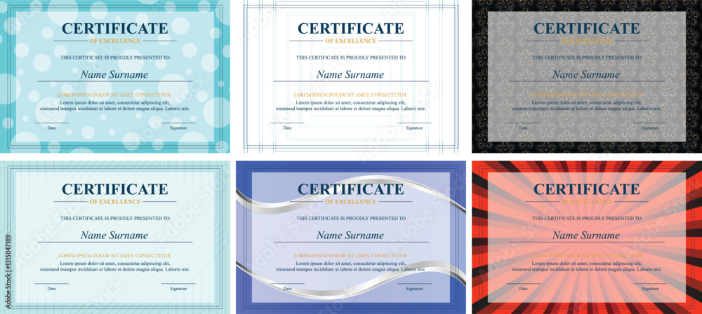 Naklejka premium Six certificate designs; various backgrounds; digital download; award templates