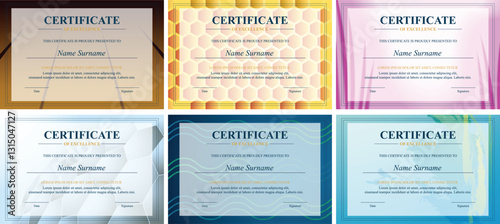 Six colorful certificate designs; award, achievement, background patterns