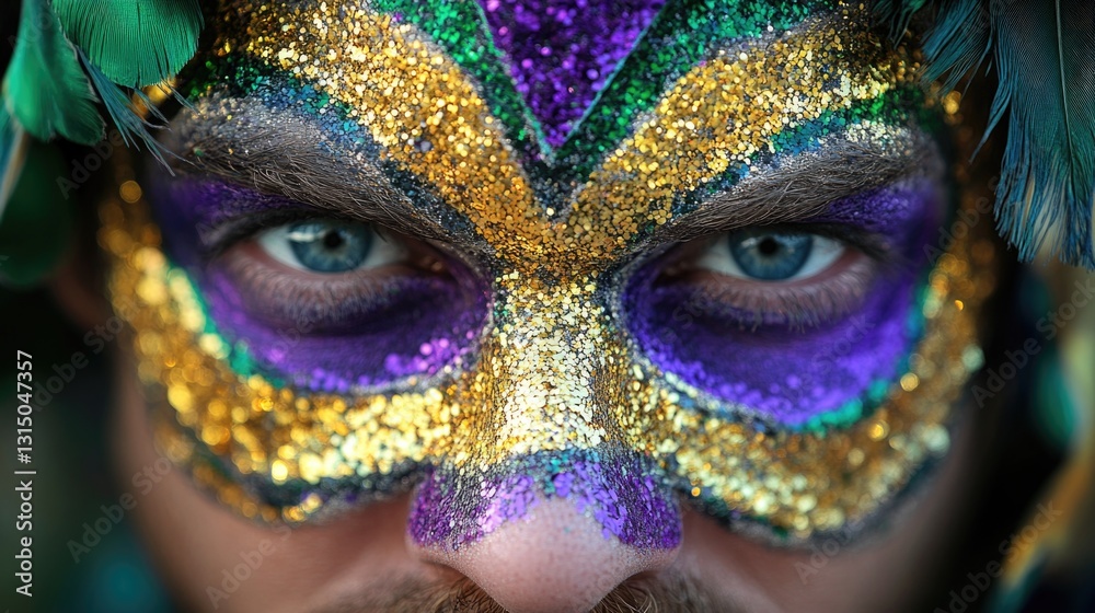Close-up of young caucasian man in colorful glitter mardi gras mask. Mardi Gras, Fat Tuesday, Carnival Season. Bright Parades, Masks, Festive Costumes, Vibrant Atmosphere Close-up of young caucasian man in colorful glitter mardi gras mask. Mardi Gras, Fat Tuesday, Carnival Season. Bright Parades, Masks, Festive Costumes, Vibrant Atmosphere