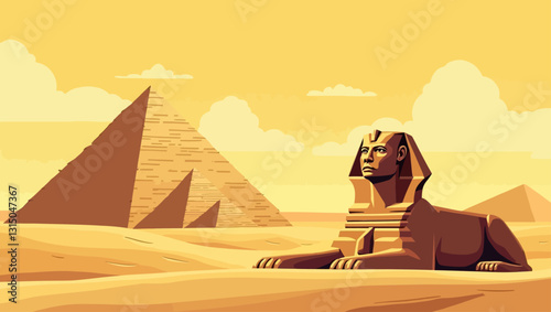 Egyptian Marvel: A majestic depiction of the Great Sphinx and ancient pyramids against the backdrop of a desert landscape, conveying a sense of history and mystery.