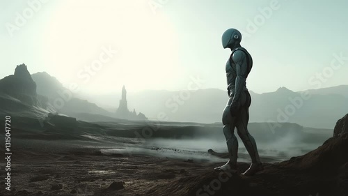 A stunning, futuristic robot stands on an alien landscape illuminated by a mysterious and captivating sun