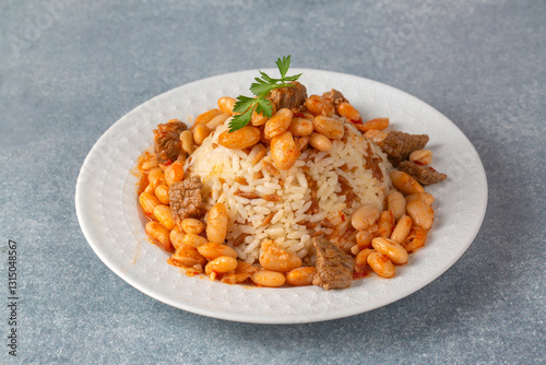 Traditional Turkish cuisine. Kuru Fasulye . Haricot Beans, rice and beans (Turkish name; pilav ustu kuru fasulye)