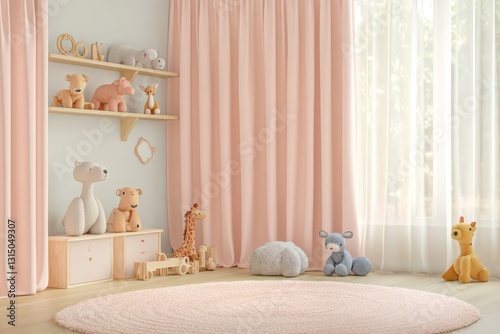 A kid's bedroom with pastel pink curtains, wooden toy animals on a shelf, and a soft rug underfoot