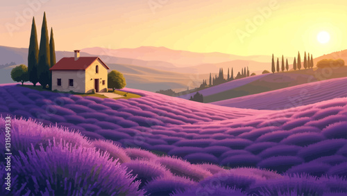 Tuscan Lavender Sunset: A charming house nestled amongst rolling hills of vibrant purple lavender fields, bathed in the golden light of a breathtaking sunset.