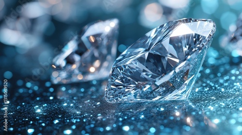 Uncut Diamonds Sparkle on a Reflective Surface in Macro Focus Highlighting Their Natural Beauty