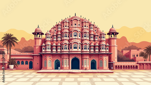Hawa Mahal Illustration: A majestic illustration of the Hawa Mahal palace in Jaipur, India, showcasing its intricate architecture and pink sandstone facade against a warm, desert landscape.