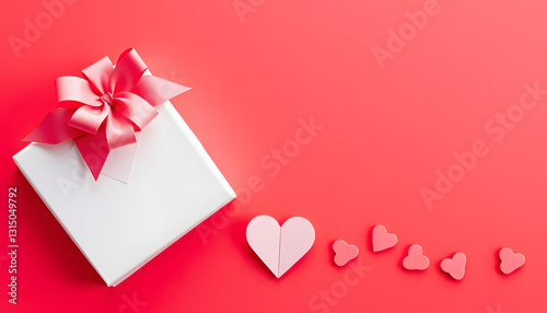 Valentines day card mockup with gift box and small hearts on red paper background, origami. with white shades