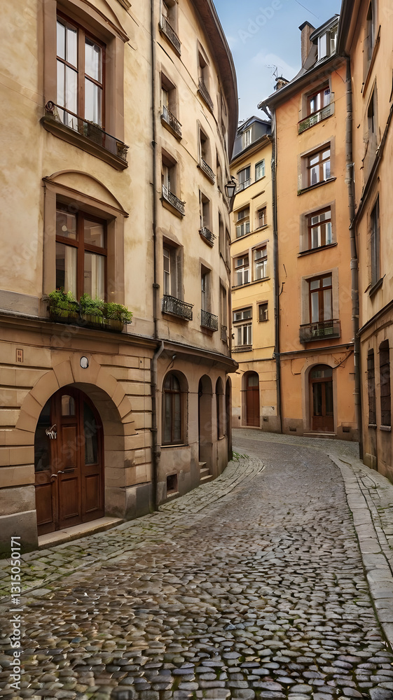 Quaint European Street: A charming, winding cobblestone street is framed by historic buildings in warm tones. This capture evokes a sense of timelessness and architectural beauty. Quaint European Street: A charming, winding cobblestone street is framed by historic buildings in warm tones. This capture evokes a sense of timelessness and architectural beauty.