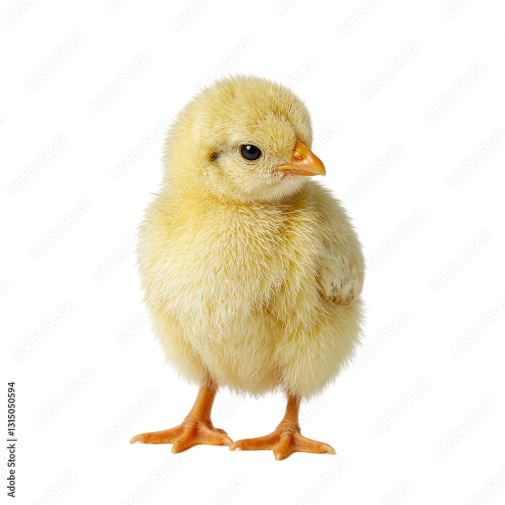 Fototapeta premium Adorable fuzzy chick with yellow feathers perched on white surface exuding innocence and freshness of spring