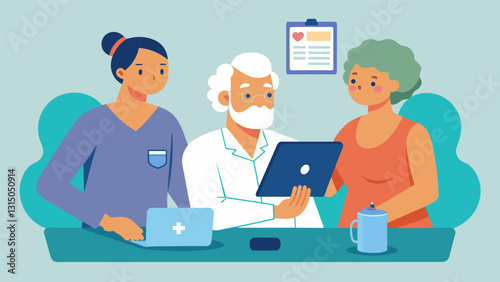 An elderly couple being taught how to use a telehealth device by a home healthcare nurse for medication management.. Vector illustration