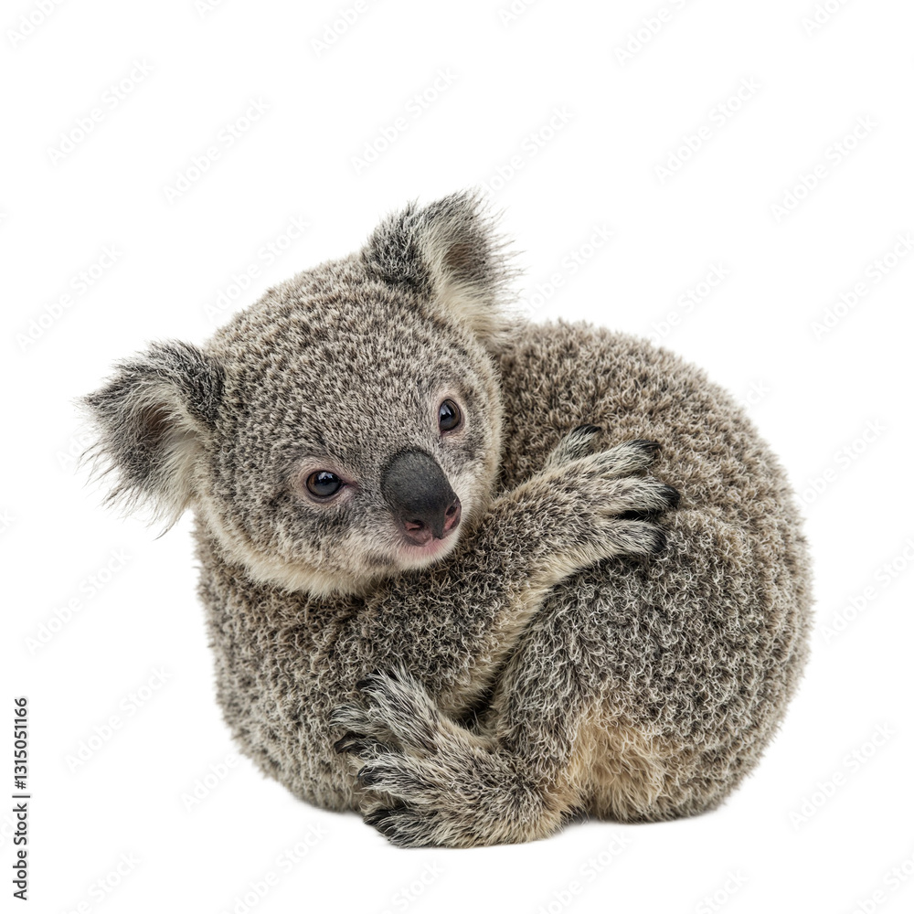 Fototapeta premium Adorable baby koala nestled in its mothers arms showcasing fluffy gray fur and a sweet innocent gaze